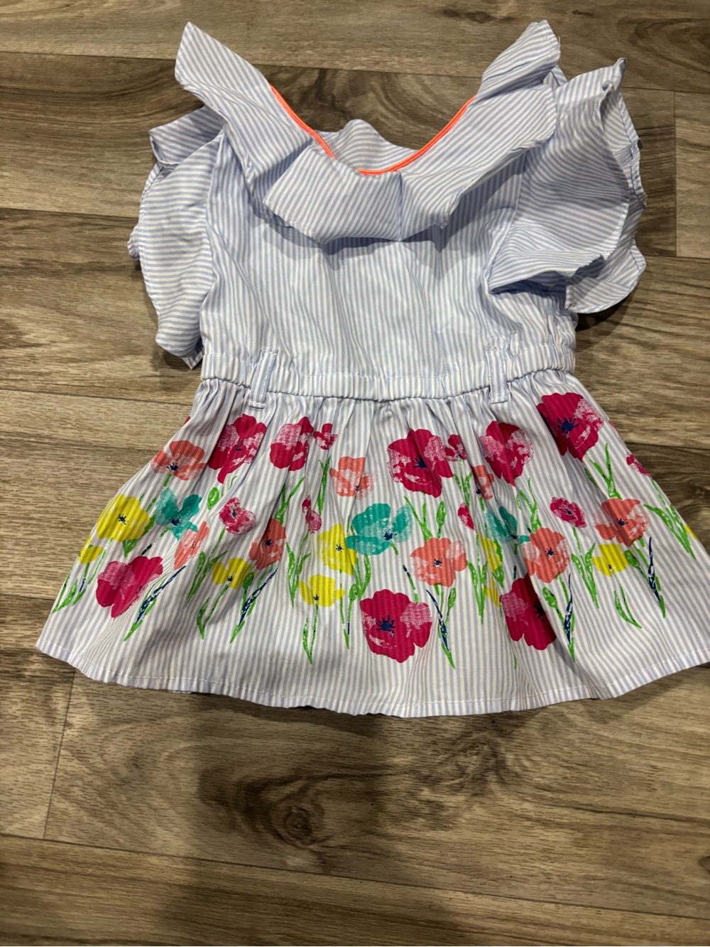 Little Lass Light Blue Stripe Floral Ruffle Top with Bright Blooms